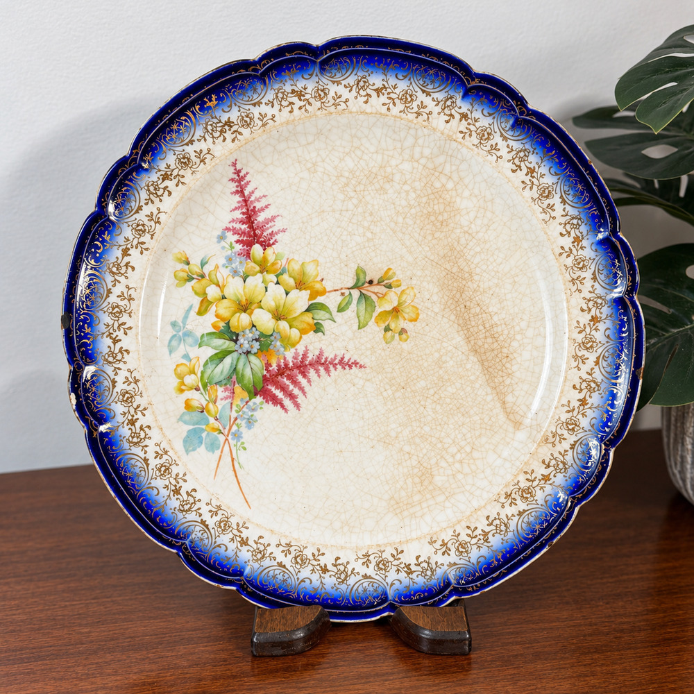 Vintage French Saxon China 22K Gold Cobalt Blue Floral Scalloped Plate